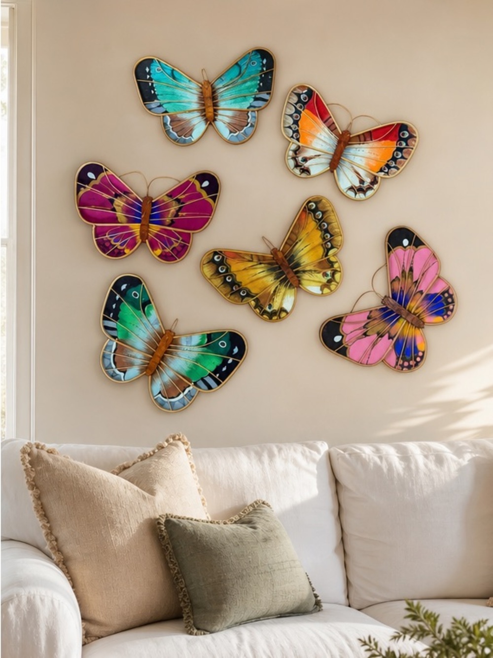 Vintage 70's Boho Hand Painted Bentwood Bamboo Butterfly Wall Hangings